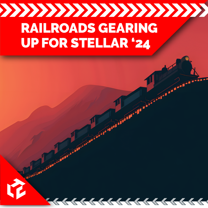 Illustrative graphic of a vintage train climbing a steep mountain, with the text 'RAILROADS GEARING UP FOR STELLAR '24' set against a red and orange gradient background, accompanied by cautionary stripes on the top.
