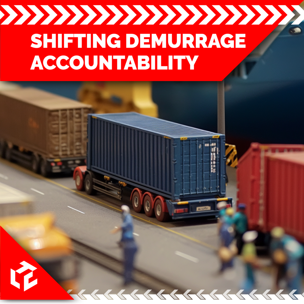 Industrial cargo containers at port with 'Shifting Demurrage Accountability' text.