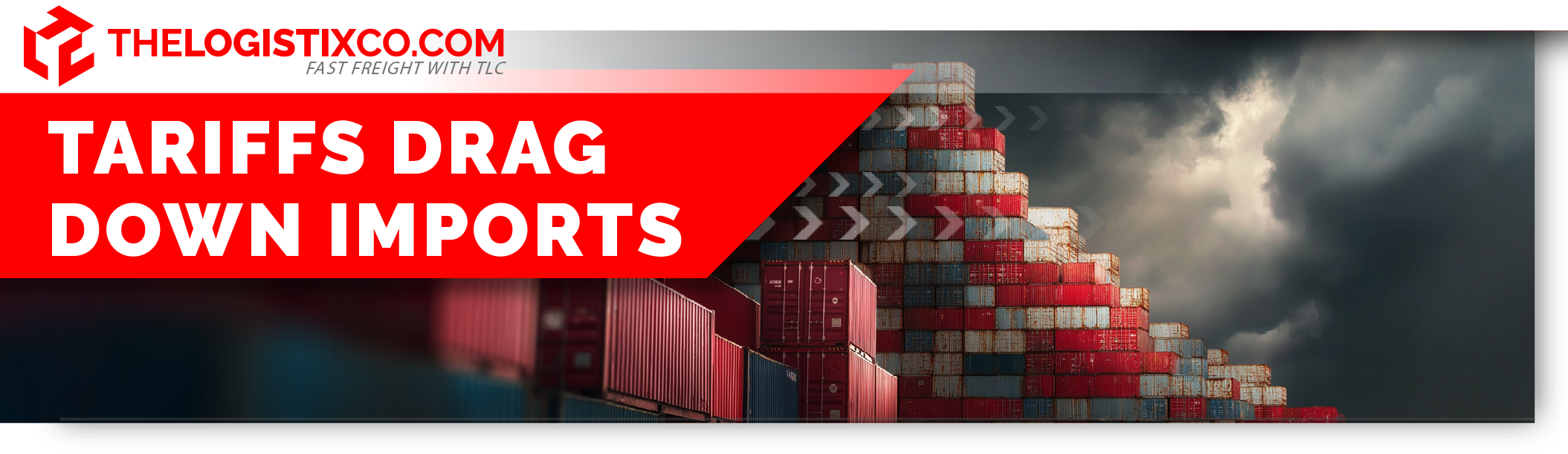 Banner graphic for The Logistix Company showing shipping containers in red, white, and blue with bold text reading 'Tariffs Drag Down Imports' against a stormy sky backdrop.