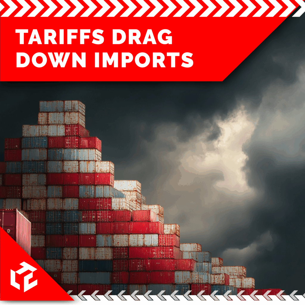 Featured graphic for The Logistix Company showing shipping containers in red, white, and blue with bold text reading 'Tariffs Drag Down Imports' against a stormy sky backdrop.