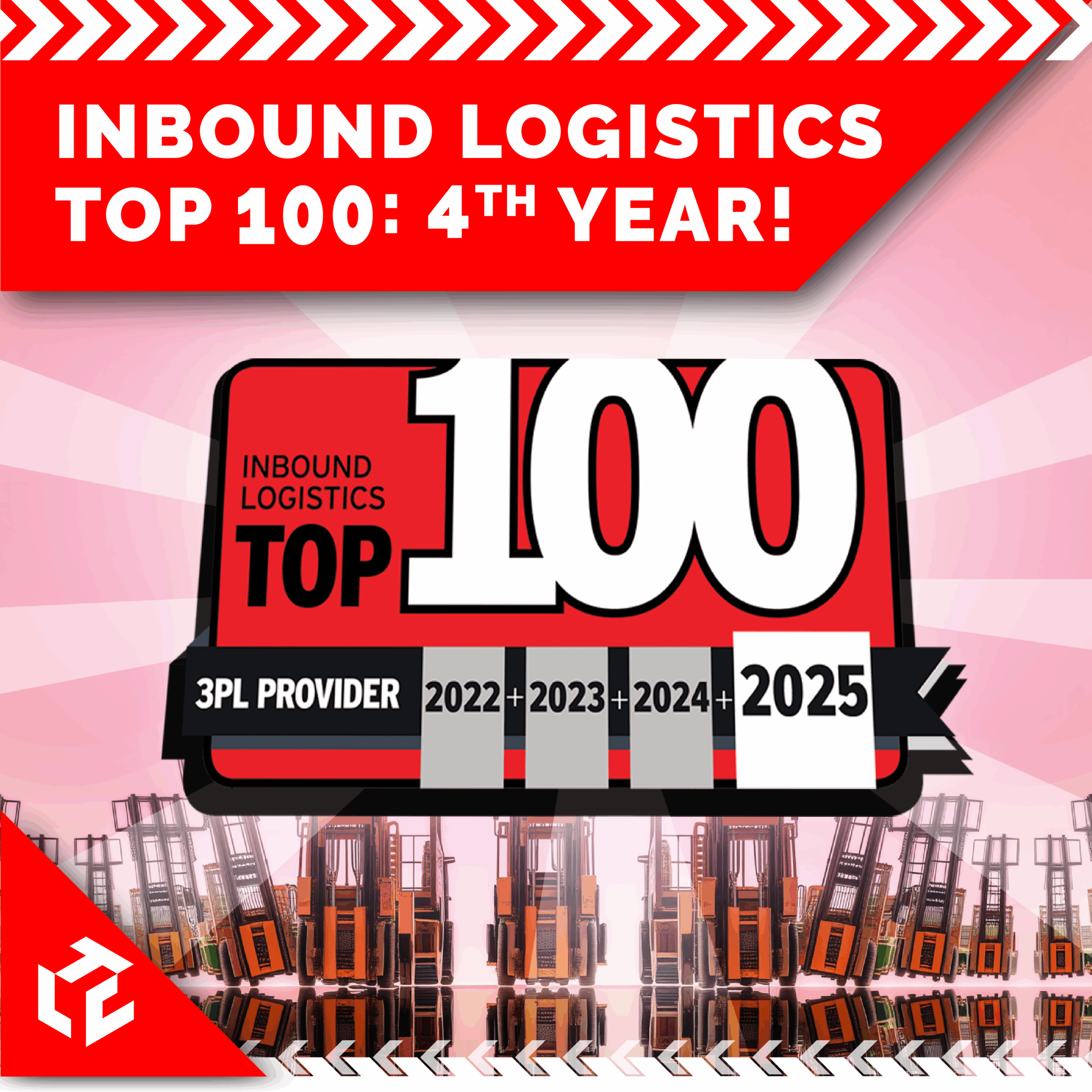 Celebratory banner from The Logistix Company announcing recognition in Inbound Logistics’ Top 100 3PL Providers for the 4th consecutive year, 2022 through 2025, featuring forklifts and bold red typography.